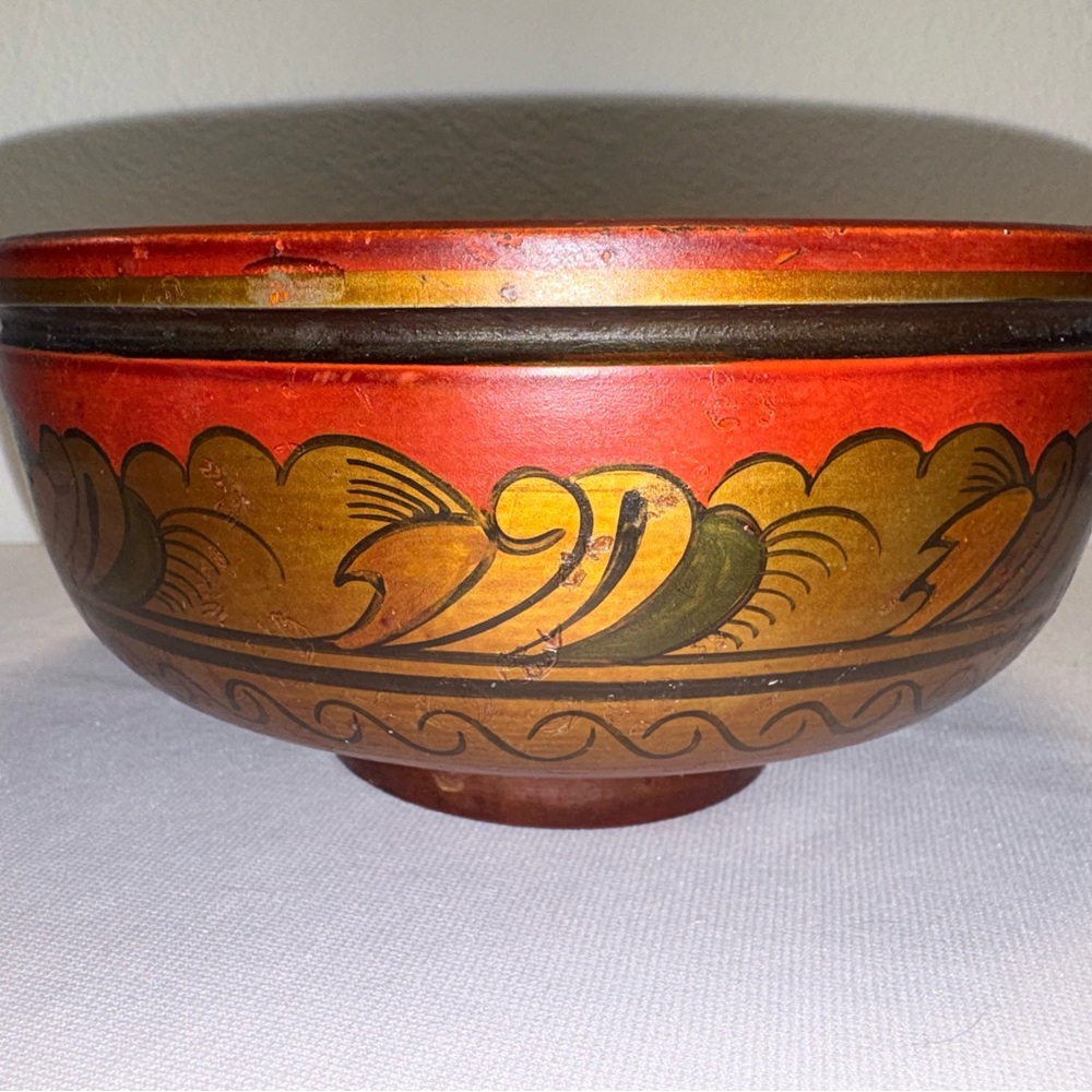 Khokhloma Style Hand Painted Wooden Bowl Made in the Soviet Union